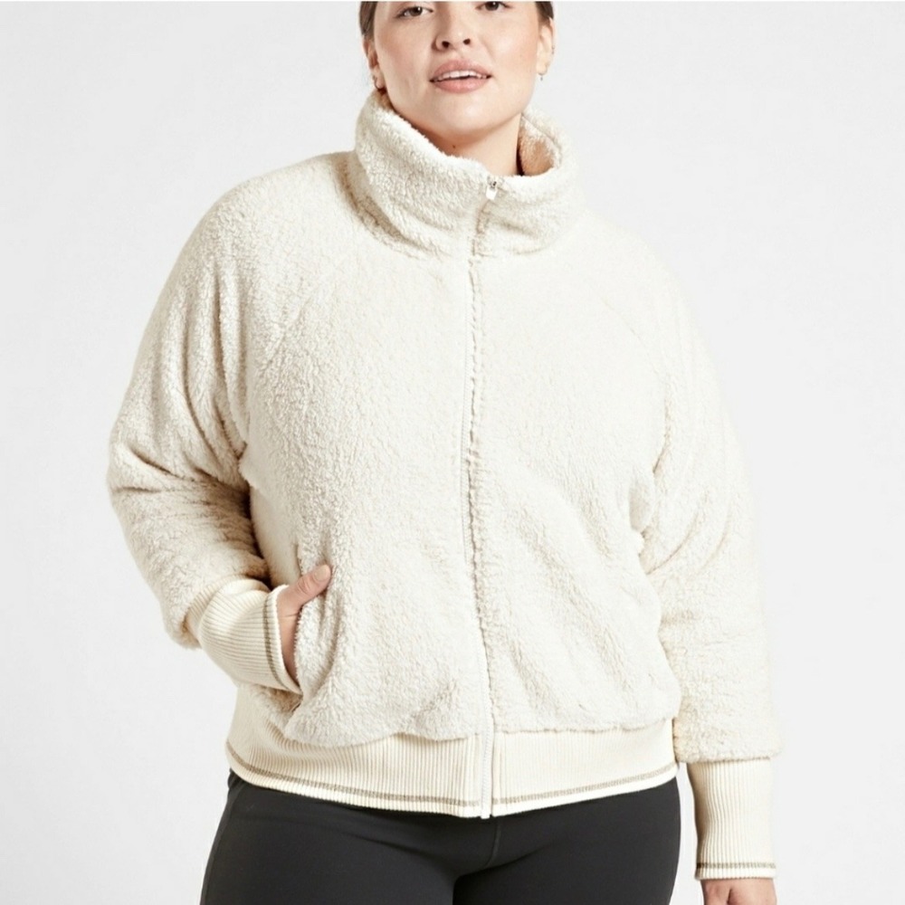 Athleta Tugga Sherpa Jacket 1X Cream Ivory Full Zip Front Teddy Fleece Cozy Coat